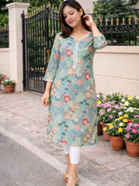 Chanderi Silk floral Kurta_Light Ocean