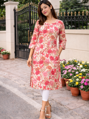 Chanderi Silk floral Pink Kurta