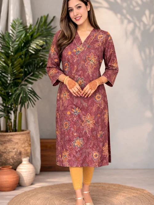 Mauve Floral Chanderi Silk Kurta