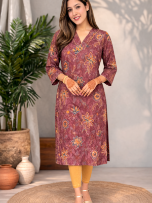 Mauve Floral Chanderi Silk Kurta