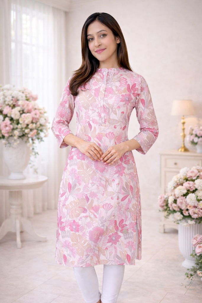 Blush Pink Floral Chanderi Silk Kurta