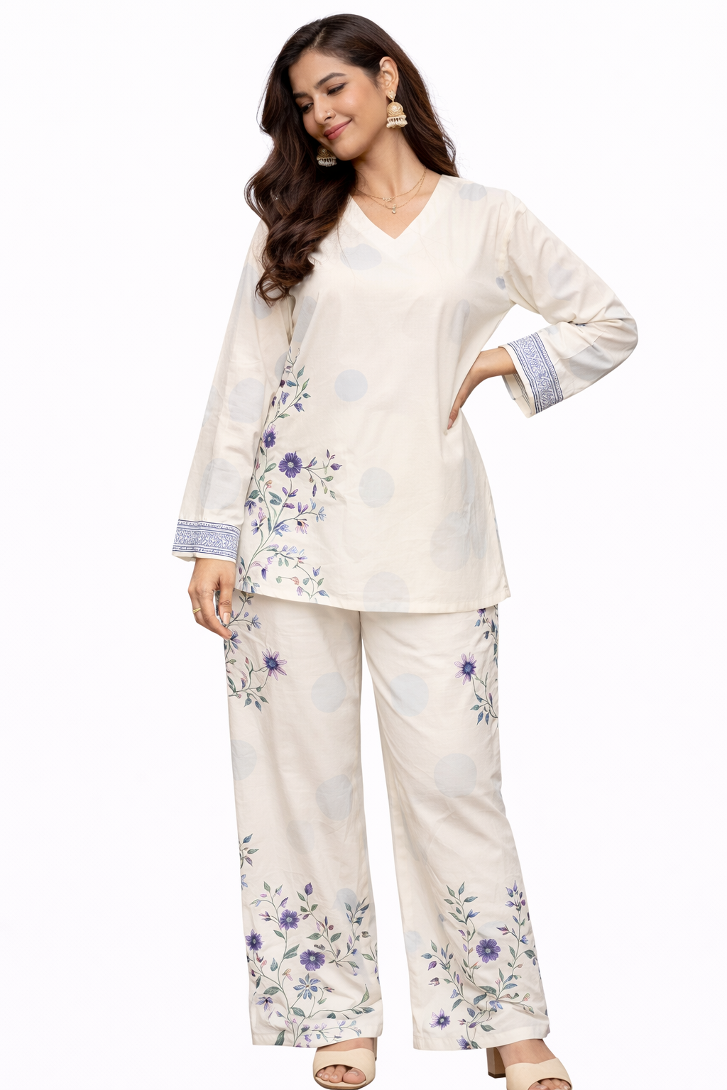 Co Ord - Long Sleeves Turkish -Mandarin Neck Floral Print - Image 2
